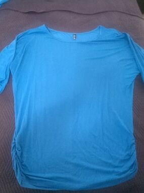 Women's Blue Ruched-Side Long Sleeve Blouse